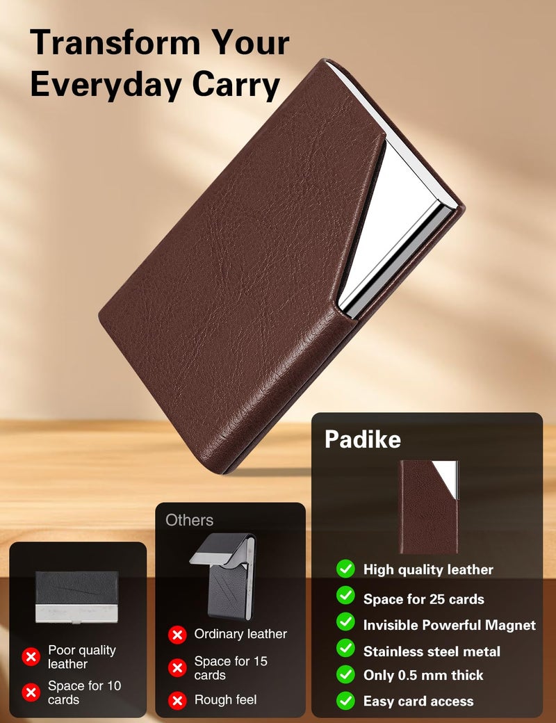 Padike Business Card Holder, Upgraded Leather Business Card Case Pocket Card Holders for Men or Women, Metal Slim Name Card Holder RFID Blocking Business Card Carrier with Magnetic Closure (Z-Coffee) - Image 2